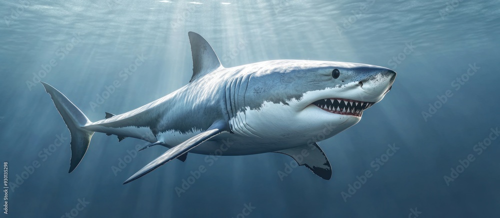 Fototapeta premium Great White Shark Swimming in Sunlight