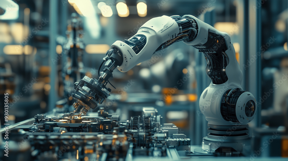 Robotic arm assembling high-tech components in advanced manufacturing facility Robotic arm assembling high-tech components in advanced manufacturing facility