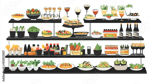 Display of various wedding catering options on a buffet table, including salads, appetizers, and desserts