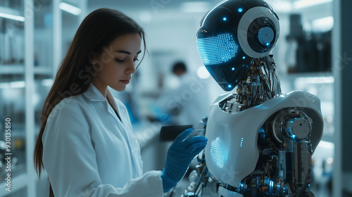 Female scientist interacting with humanoid robot in futuristic research lab