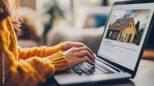 Laptop on a table with a house hunting website open, closeup of a woman hands browsing and selecting homes