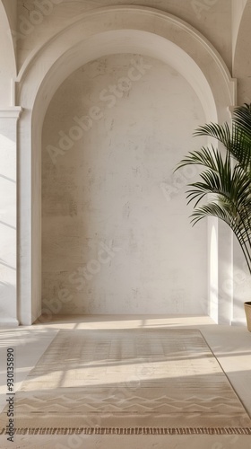 An empty room showcases a white arch and a leafy palm, illuminated by soft sunlight streaming through the window