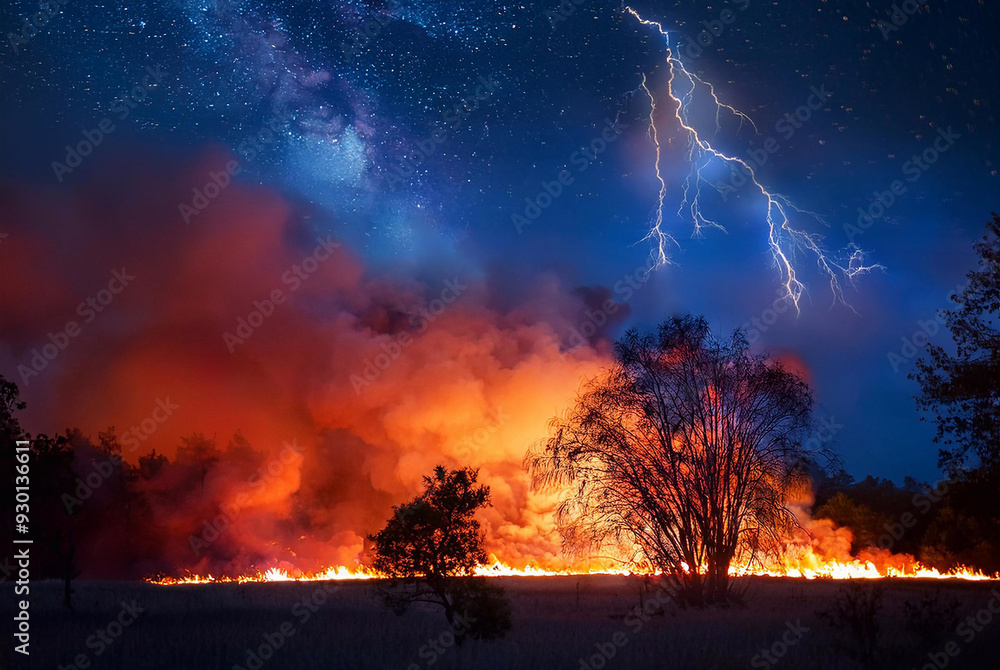 Fototapeta premium lightning strike causing bush fires on dried out grass fields; orange billowing flames and clouds of smoke