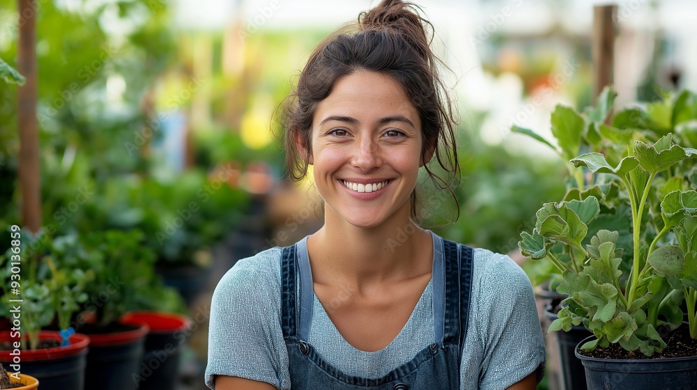 Happy Female Plant Nursery Owner Smiling in Garden Center Surrounded by Lush Green Plants and Colorful Pots Happy Female Plant Nursery Owner Smiling in Garden Center Surrounded by Lush Green Plants and Colorful Pots