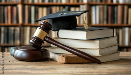 Obraz Graduation hat sitting on law books with gavel in library