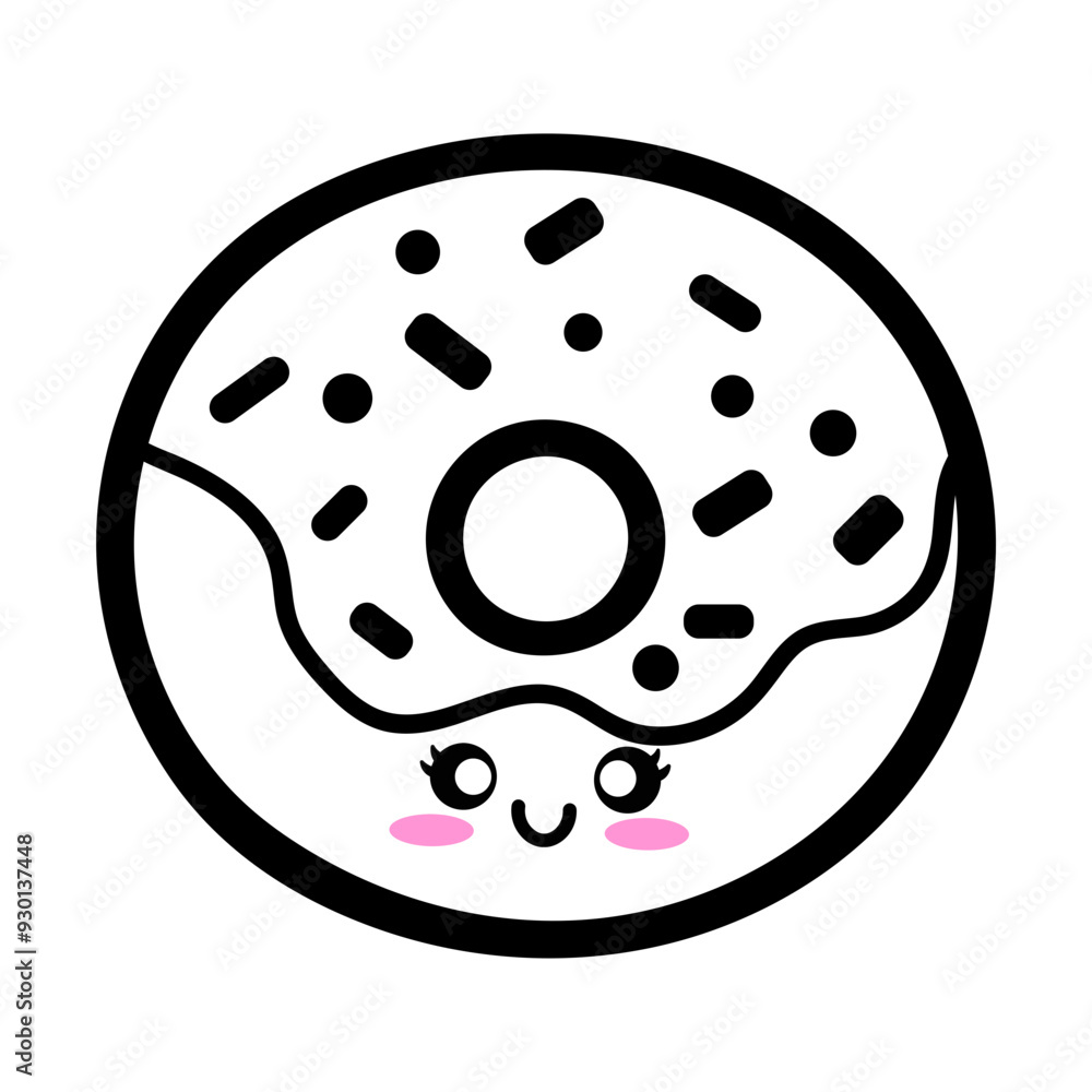 A cute cartoon donut with a smiling face, sprinkles, and a pink glaze