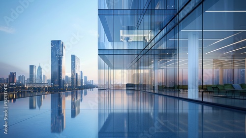 Glass Facade of Modern Skyscraper Reflecting Cityscape