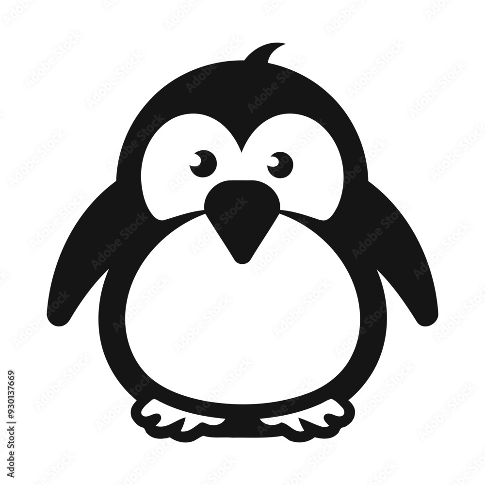 A cute black and white penguin cartoon character with large eyes and a beak A cute black and white penguin cartoon character with large eyes and a beak