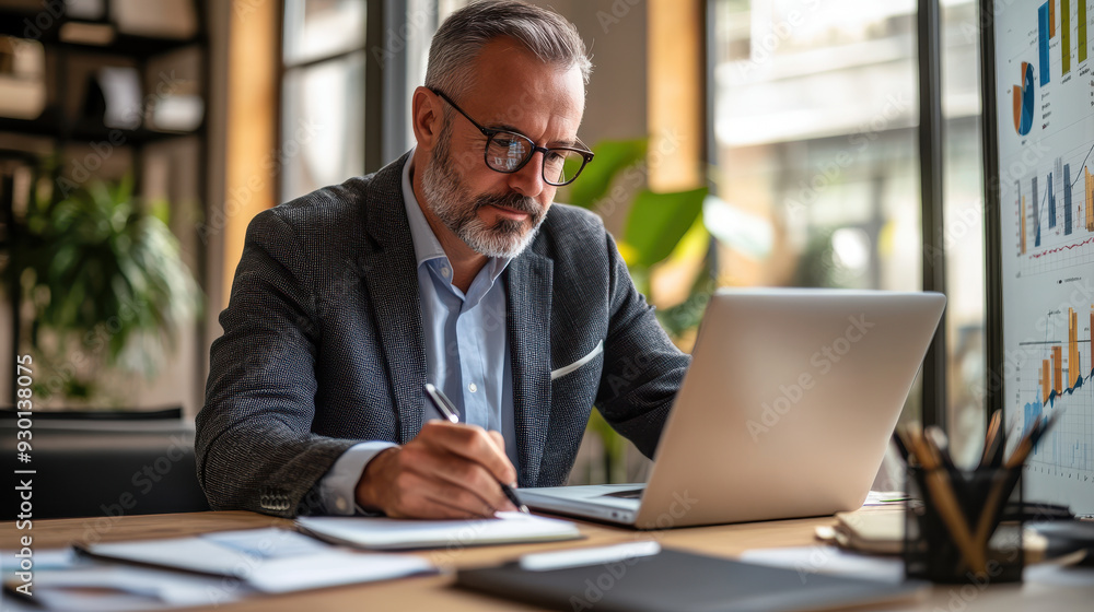 Middle aged business man, professional lawyer, writing notes, online webinar, analysing financial data, using laptop at desk in office Middle aged business man, professional lawyer, writing notes, online webinar, analysing financial data, using laptop at desk in office