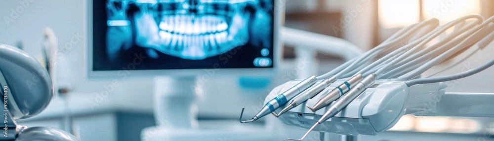 A modern dental office featuring advanced tools and a digital display of an X-ray, showcasing dental care technology. A modern dental office featuring advanced tools and a digital display of an X-ray, showcasing dental care technology.