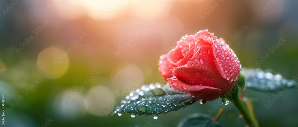 Obraz premium A solitary red rose with dewdrops on its petals and a distinct green leaf against a blurred backdrop