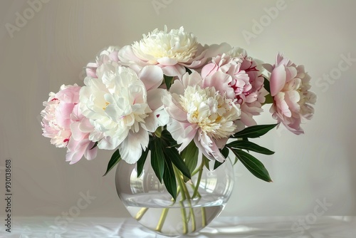 Wallpaper Mural A bouquet of peonies in various stages of bloom, with soft pink and white petals, placed in a clear glass vase.  Torontodigital.ca