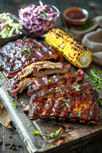  bbq ribs, coleslaw, grilled corn spread. AI generative.