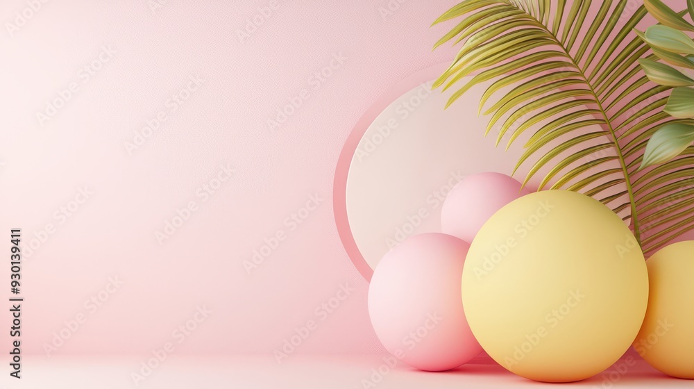Fototapeta premium A vibrant arrangement of pastel spheres and tropical leaves against a soft pink background, perfect for modern decor and design.