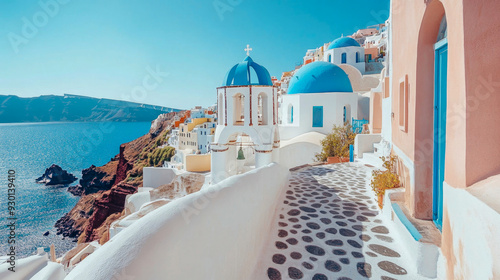 Fototapeta Naklejka Na Ścianę i Meble -  Scenic view of a traditional greek village with white houses and blue domes overlooking aegean sea in santorini greece