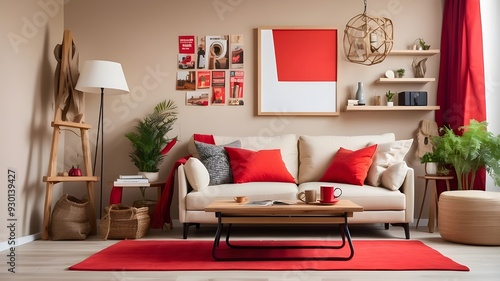 The living room decor is creatively composed with a red recliner, an imitation billboard frame, a beige sofa, a wooden coffee table, a white rack, a ladder, a palid, and personal accessories. Interior photo