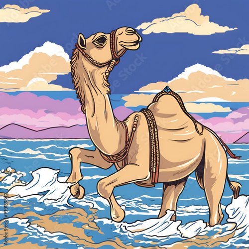 Camel walking on the beach instead of the desert