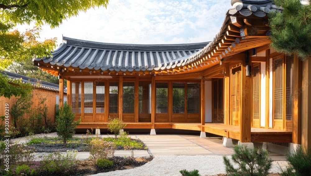 Naklejka premium Traditional Korean wooden house with garden.