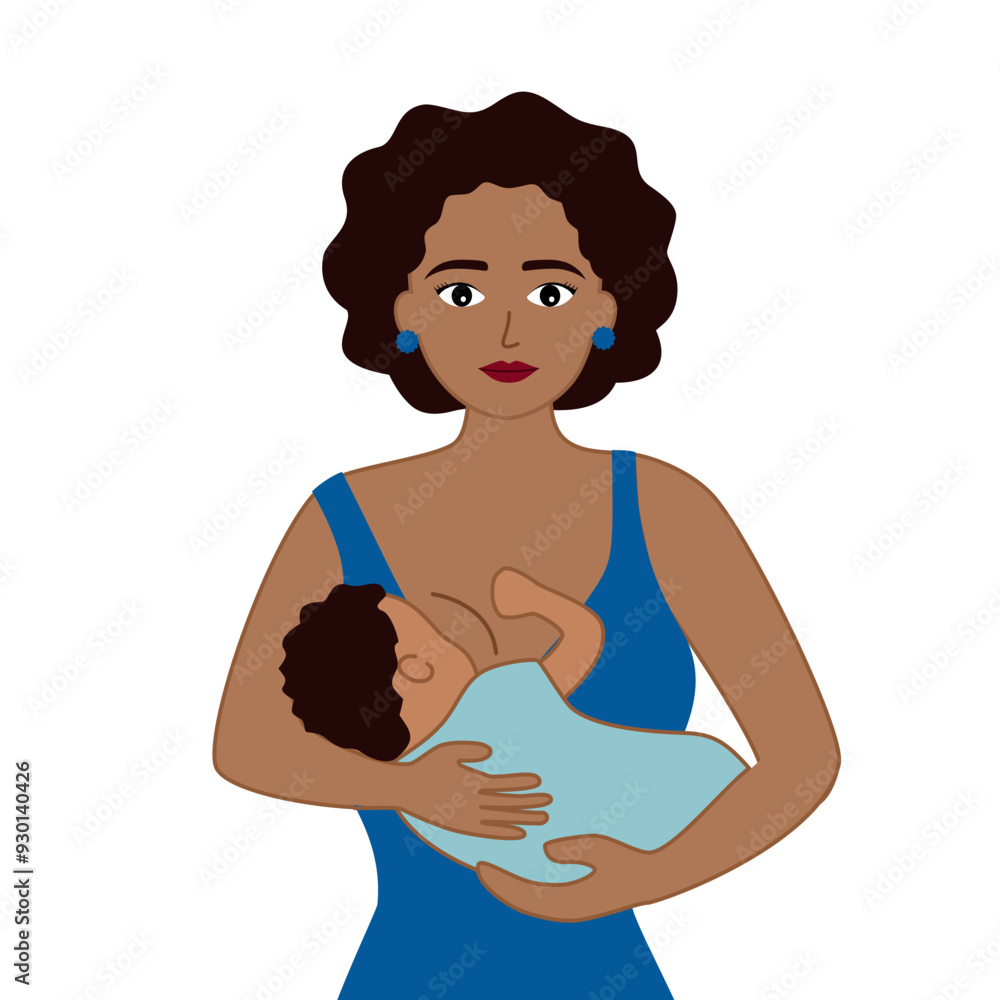 Black mother breastfeeding newborn baby in her arms flat design. Black mother breastfeeding newborn baby in her arms flat design.