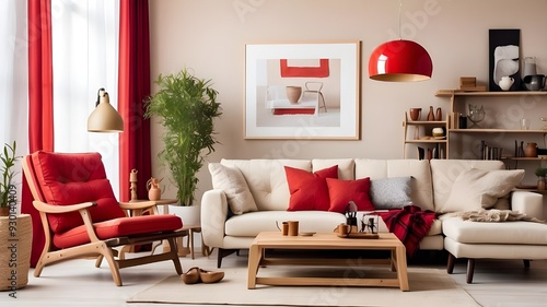 The living room decor is creatively composed with a red recliner, an imitation billboard frame, a beige sofa, a wooden coffee table, a white rack, a ladder, a palid, and personal accessories. Interior photo