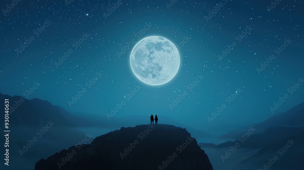 Couple under full moon on mountain peak with starry night sky Couple under full moon on mountain peak with starry night sky