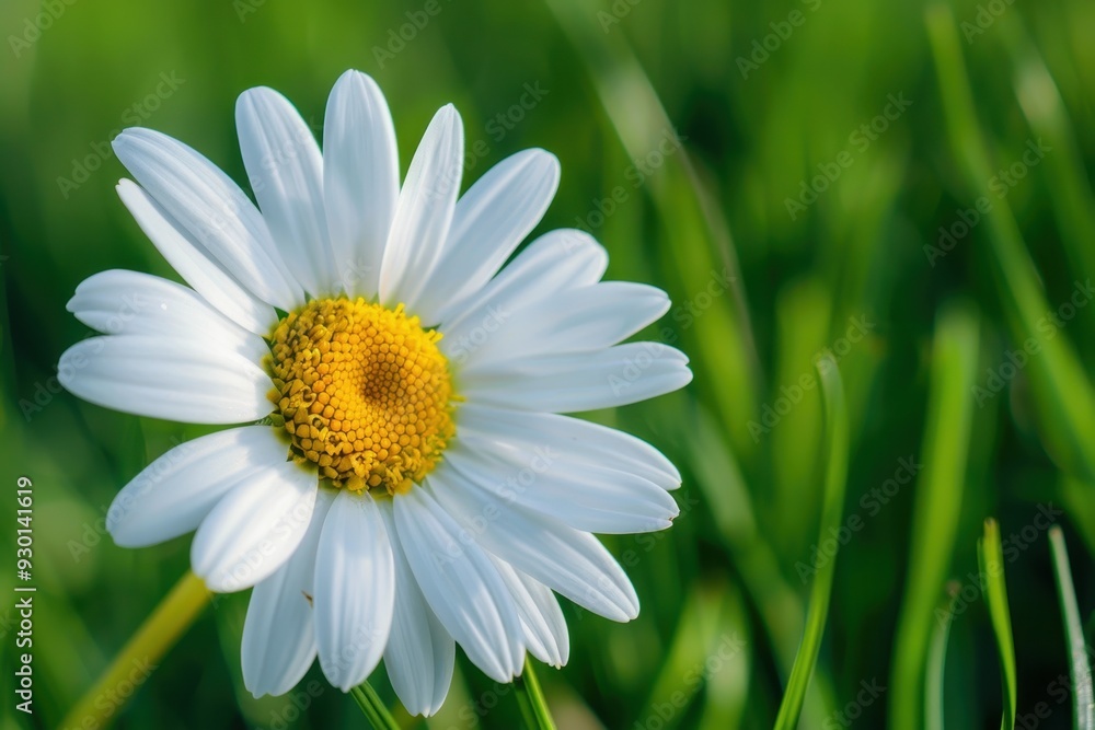 Obraz premium A close-up of a daisy flower, with its white petals and yellow center set against a background of green grass.