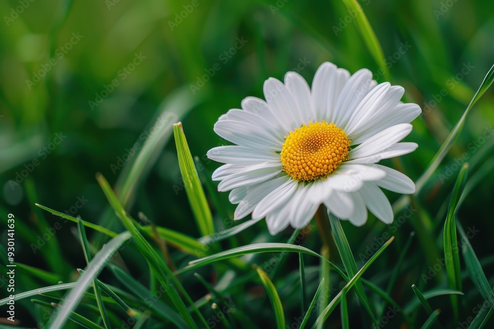 Obraz premium A close-up of a daisy flower, with its white petals and yellow center set against a background of green grass.