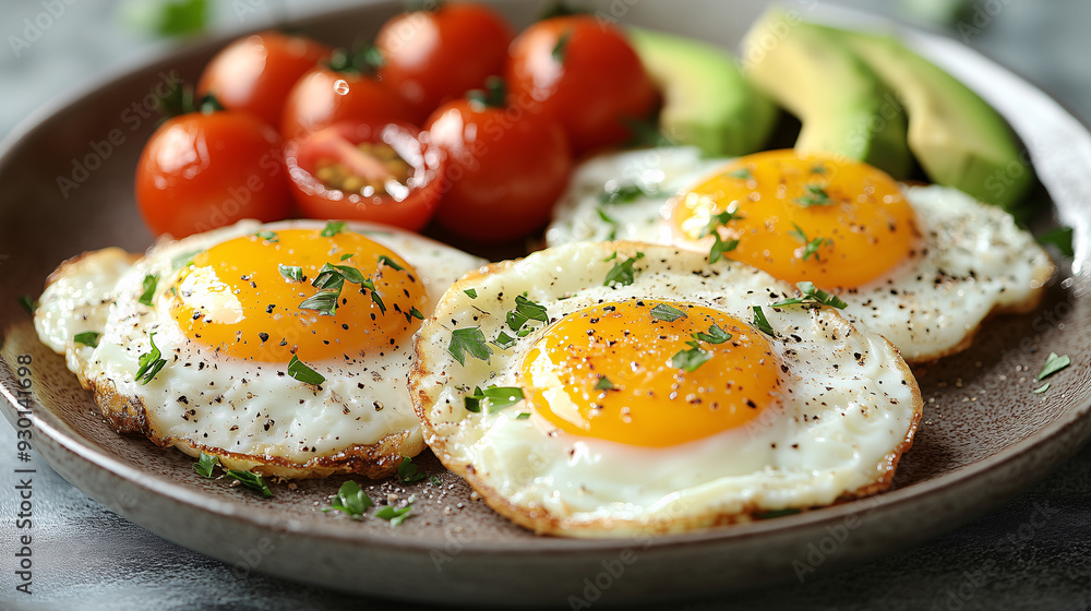 A mouthwatering plate of breakfast with grilled eggs, tomatoes, and avocado A mouthwatering plate of breakfast with grilled eggs, tomatoes, and avocado