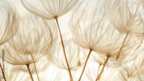 Delicate dandelion seeds float gently in the air, carried by the wind, creating a serene atmosphere in a sunlit environment photo