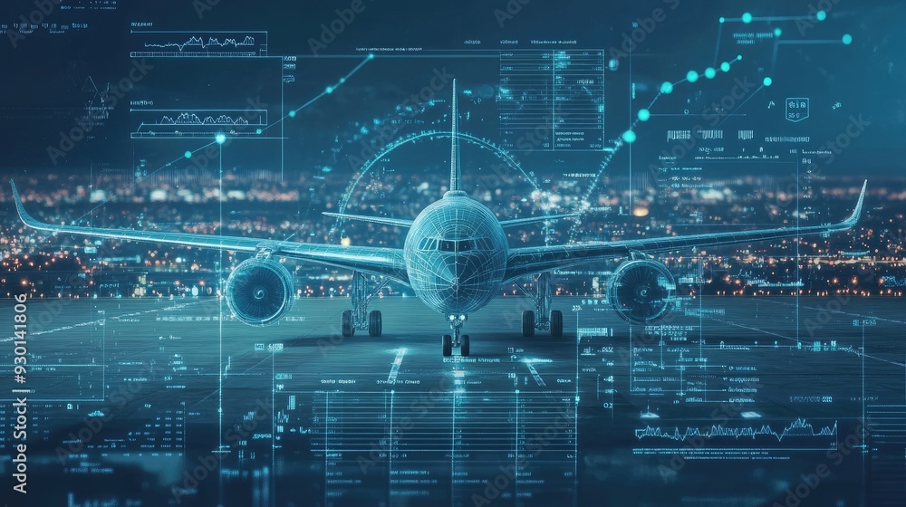 Fototapeta premium Real-time fleet monitoring: Interface displaying real-time data on cargo aircraft, highlighting advanced fleet management in aerial logistics.