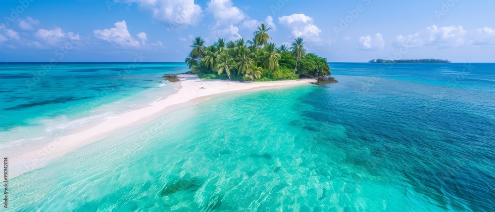 Obraz premium A mid-ocean isle boasts a pristine white-sand shoreline and palm trees on its opposite side