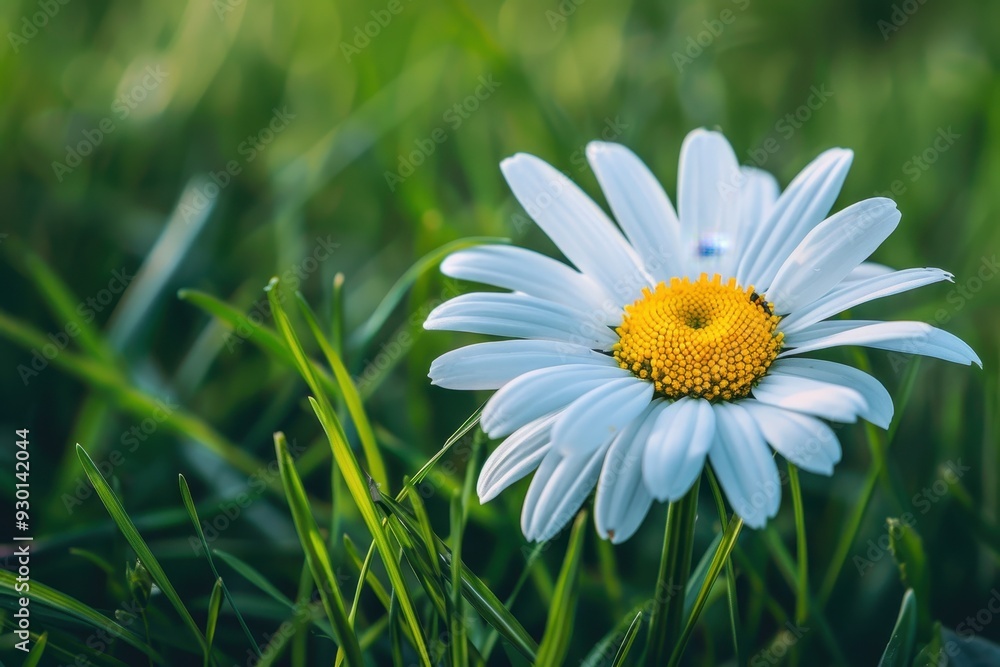 Fototapeta premium A close-up of a daisy flower, with its white petals and yellow center set against a background of green grass.