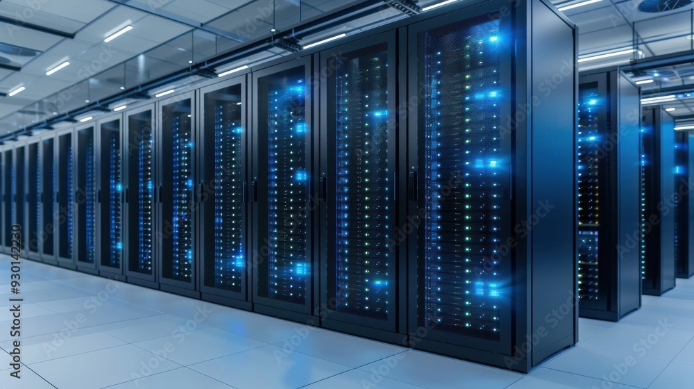 High-Tech Data Center with Blue LED Server Racks High-Tech Data Center with Blue LED Server Racks