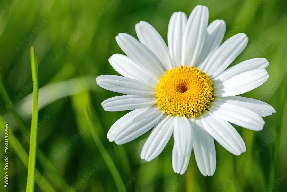 Obraz premium A close-up of a daisy flower, with its white petals and yellow center set against a background of green grass.