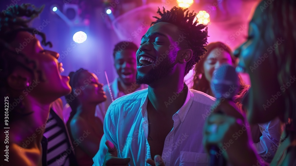 Friends gather around as a young man passionately sings karaoke, creating a fun atmosphere filled with laughter and music Friends gather around as a young man passionately sings karaoke, creating a fun atmosphere filled with laughter and music