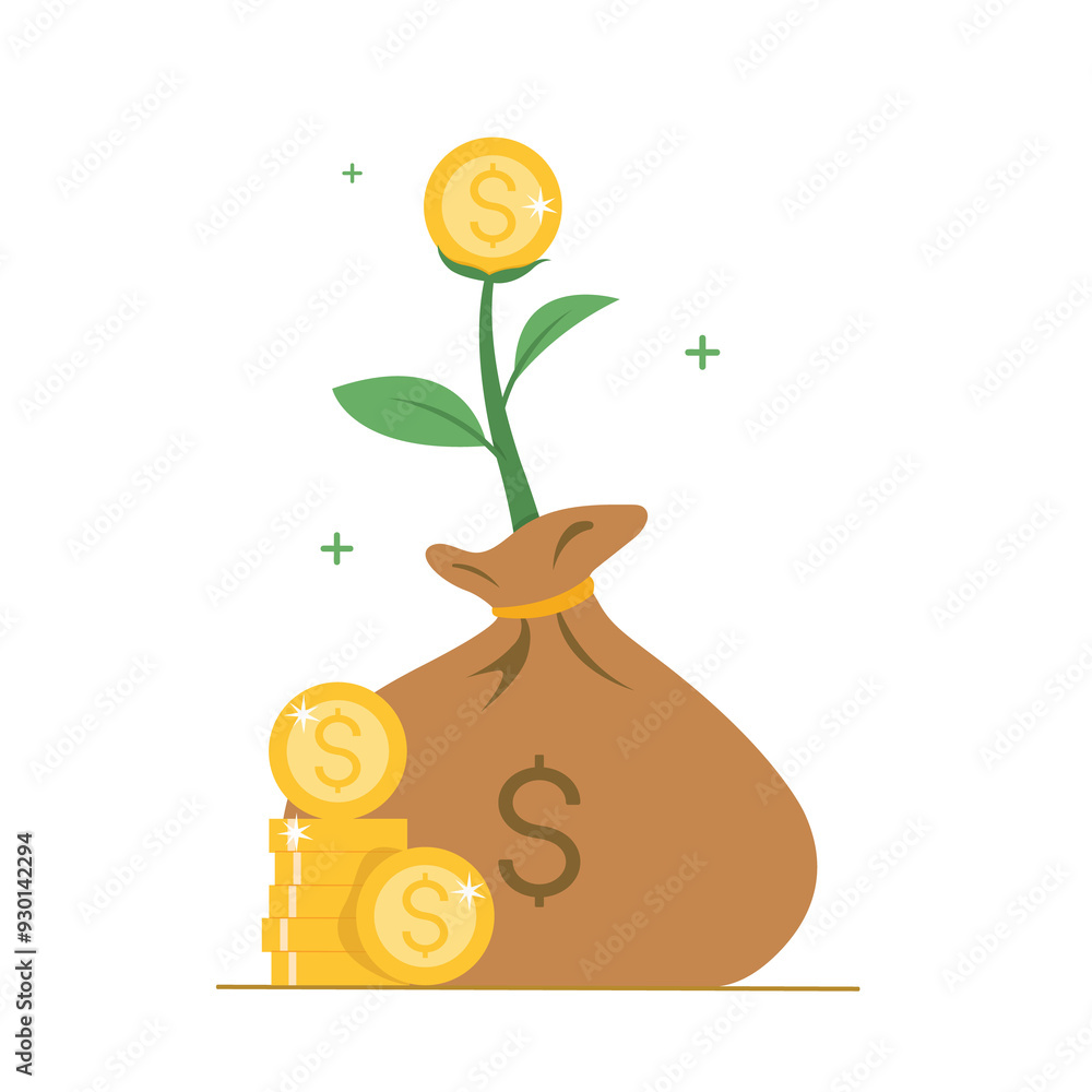 Obraz premium Plant Growing In Savings Coins, Vector illustration of savings, finance, banking. Money increasing concept.
