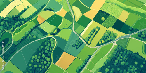 Overhead view of a landscape with square fields intersected by roads, flat illustration photo