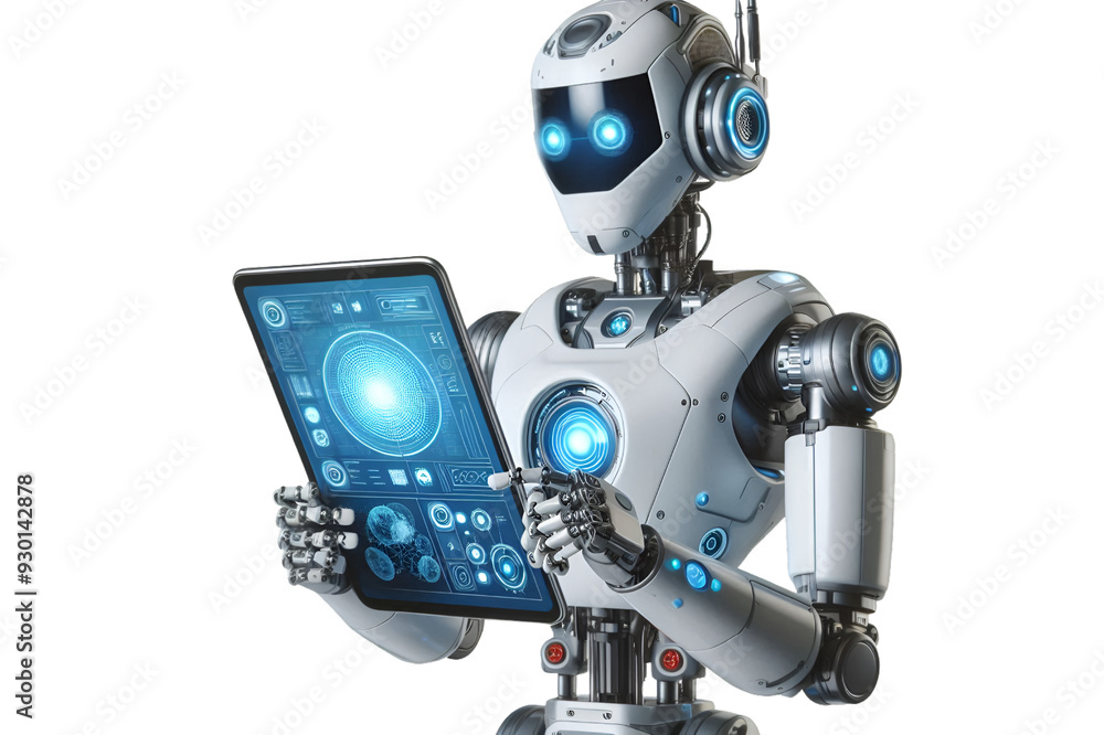 robot using tablet isolate on transparency background - Generative AI robot using tablet isolate on transparency background - Generative AI