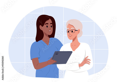 A patient visits a doctor. Black woman doctor with tablet and health results, advice and report.
