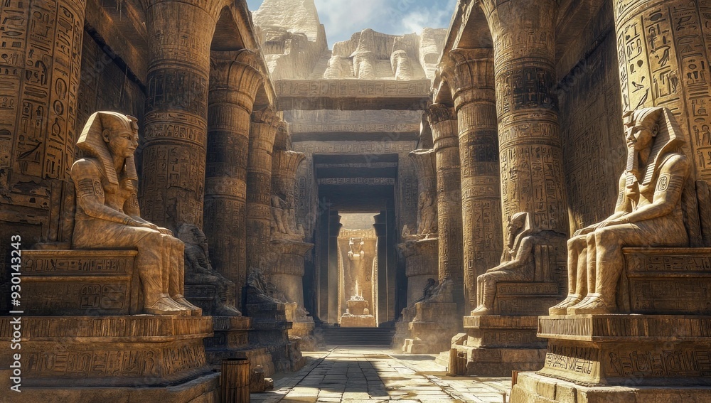 Ancient Egyptian temple with statues and hieroglyphs. Ancient Egyptian temple with statues and hieroglyphs.