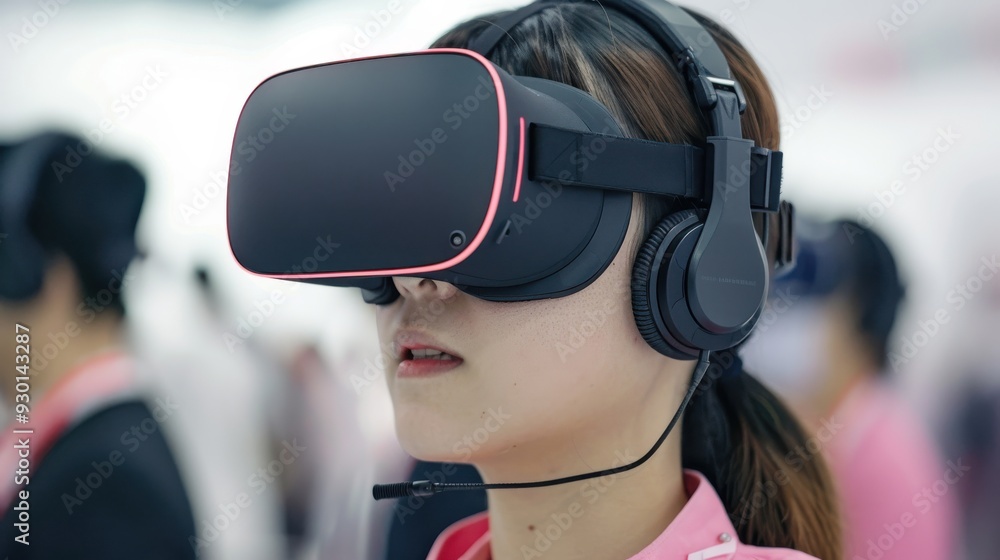 Woman Experiencing Virtual Reality with Headset Woman Experiencing Virtual Reality with Headset