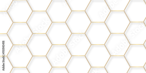 Abstract minimal geometric white and gold light background design. Vector illustration of hexagons pattern. luxury white pattern geometric mesh cell texture. Modern pattern elegant gold line template