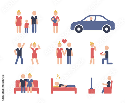 Pictograms with motifs of people, families. Man and woman, wife, husband, children, kid, car concept icons. Family love set.