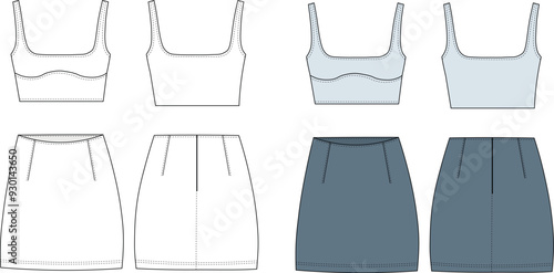 women denim jean mini skirt and cropped bra SET VECTOR SKETCH drawing. fashion flats. fashion illustration template. front and back cad mockup. apparel templates