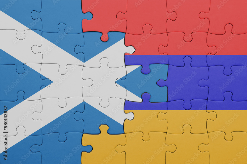 puzzle with the colourful national flag of armenia and flag of scotland. puzzle with the colourful national flag of armenia and flag of scotland.