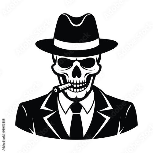 Mafia gangster skull with cigar and  wearing a hat 