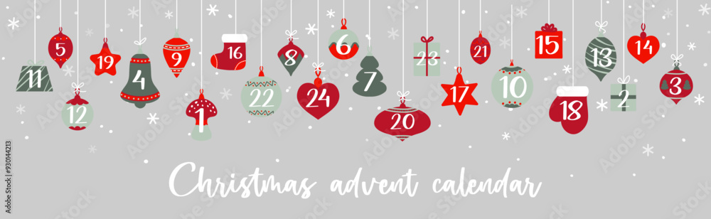 Naklejka premium Christmas advent calendar with bauble gifts garland for winter holiday, vector background. Christmas advent calendar with December days, star and sock, tree and gift box or mitten and bell decoration