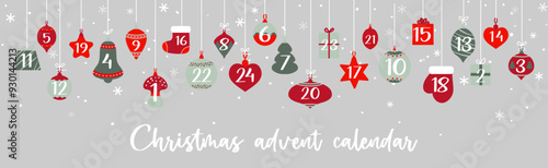 Christmas advent calendar with bauble gifts garland for winter holiday, vector background. Christmas advent calendar with December days, star and sock, tree and gift box or mitten and bell decoration