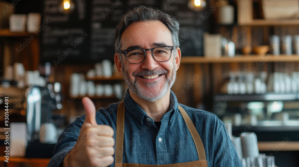 Obraz premium Portrait of a middle aged man, small business owner, smiling confidently and showing thumbs up at his coffee shop