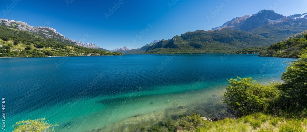 A large body of water encircled by mountains, with a lush, forested shore teeming with numerous green trees A large body of water encircled by mountains, with a lush, forested shore teeming with numerous green trees